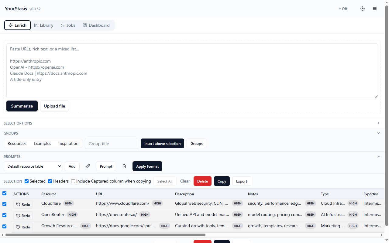YourStasis Enrich view with editable rows and Prompt controls
