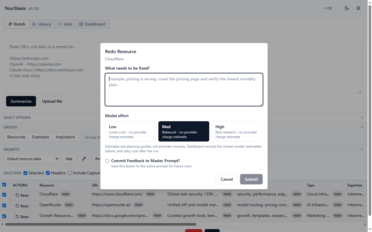 Redo dialog with feedback and low, medium, and high model effort