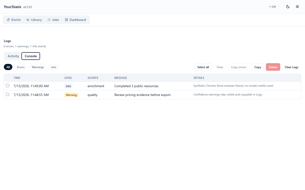 Logs view with selectable copy and delete controls