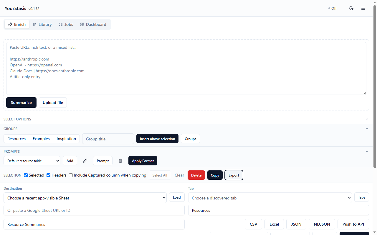 Export controls for CSV, Excel, Google Sheets, and Google Docs
